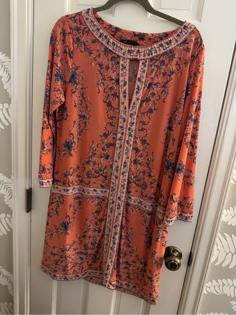 BCBGMaxAzria Coral Pink Floral-Print Long Sleeve Tunic Dress